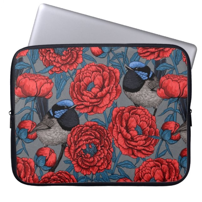 Peonies and wrens laptop sleeve (Front)