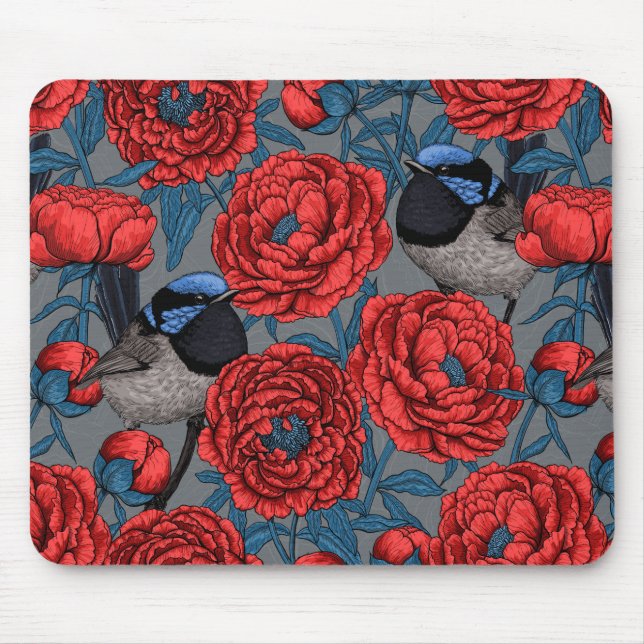 Peonies and wrens mouse pad (Front)