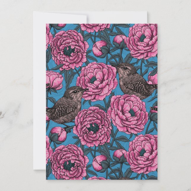 Peonies and wrens on blue (Front)