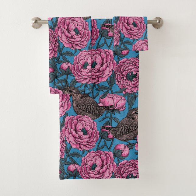 Peonies and wrens on blue bath towel set (Insitu)