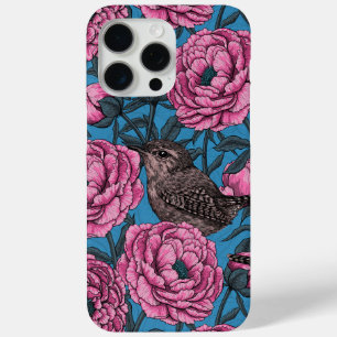 Peonies and wrens on blue iPhone 15 pro max case
