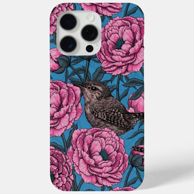 Peonies and wrens on blue Case-Mate iPhone case (Back)