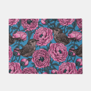 Peonies and wrens on blue doormat