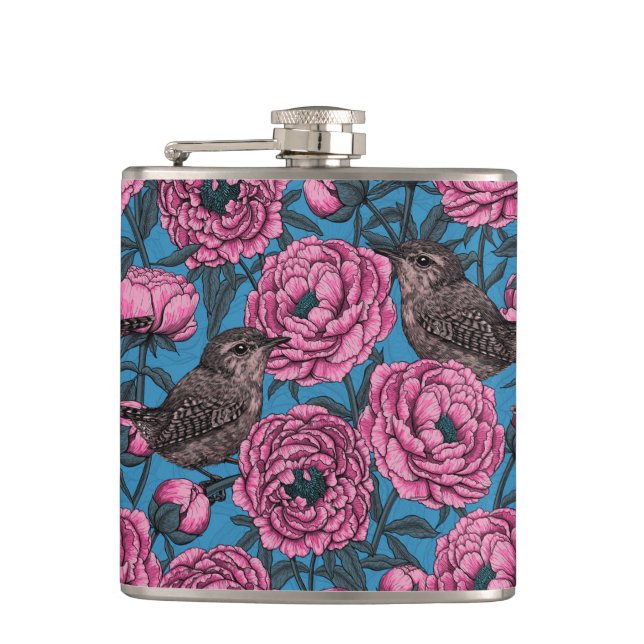 Peonies and wrens on blue hip flask (Front)