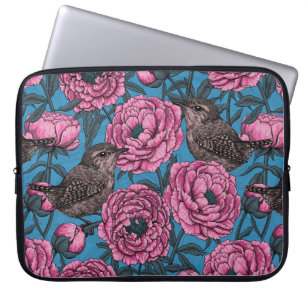 Peonies and wrens on blue laptop sleeve
