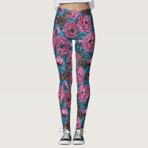 Peonies and wrens on blue leggings
