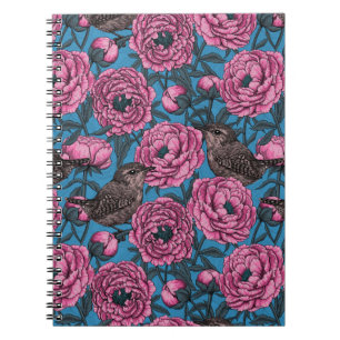 Peonies and wrens on blue notebook