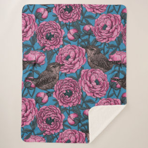 Peonies and wrens on blue sherpa blanket