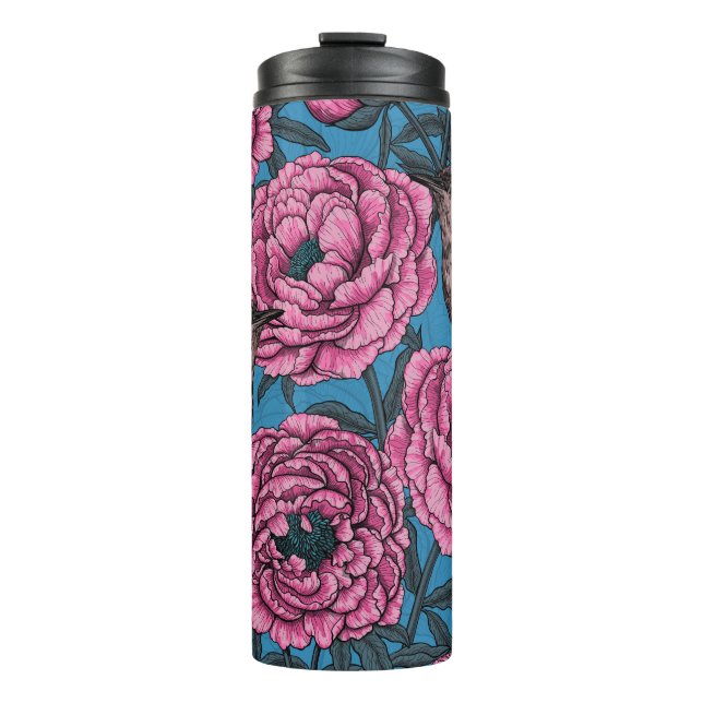 Peonies and wrens on blue thermal tumbler (Front)