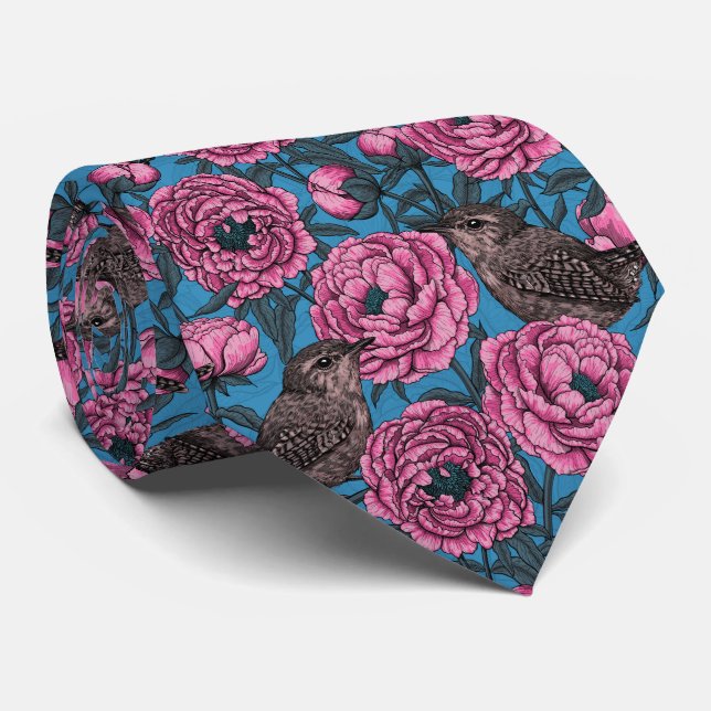 Peonies and wrens on blue tie (Rolled)