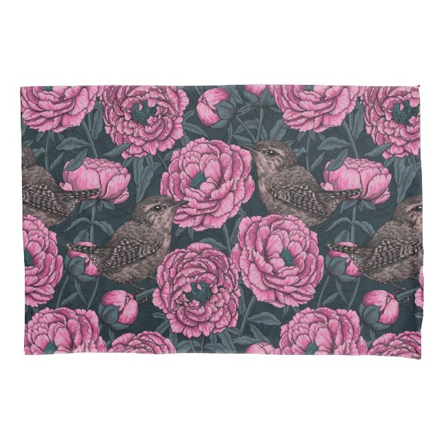 Peonies and wrens on dark gray pillowcase (Front-Left)