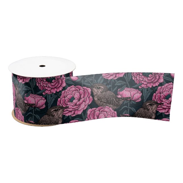 Peonies and wrens on dark gray satin ribbon (Spool)