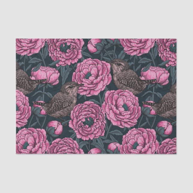 Peonies and wrens on dark gray tissue paper (Front)