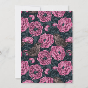 Peonies and wrens on dark grey