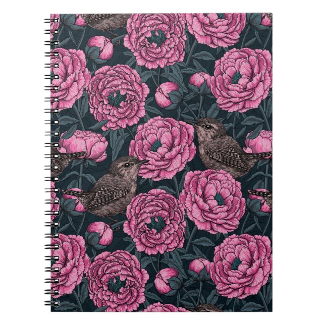 Peonies and wrens on dark grey notebook (Front)