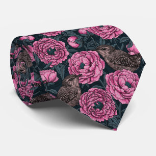 Peonies and wrens on dark grey tie