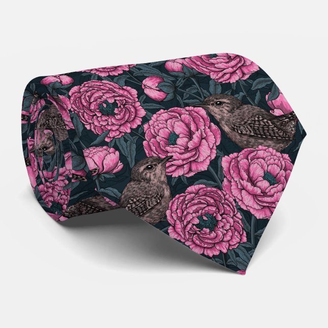 Peonies and wrens on dark grey tie (Rolled)