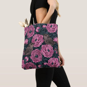 Peonies and wrens on dark grey tote bag