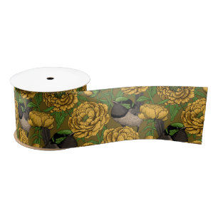 Peonies and wrens satin ribbon