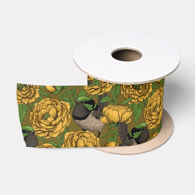 Peonies and wrens satin ribbon (Spool)