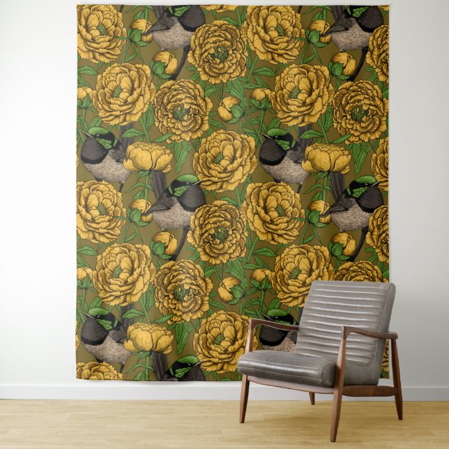 Peonies and wrens tapestry (In Situ)