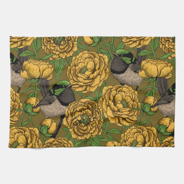 Peonies and wrens tea towel (Horizontal)