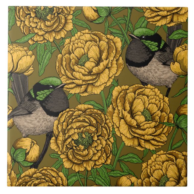 Peonies and wrens tile (Front)