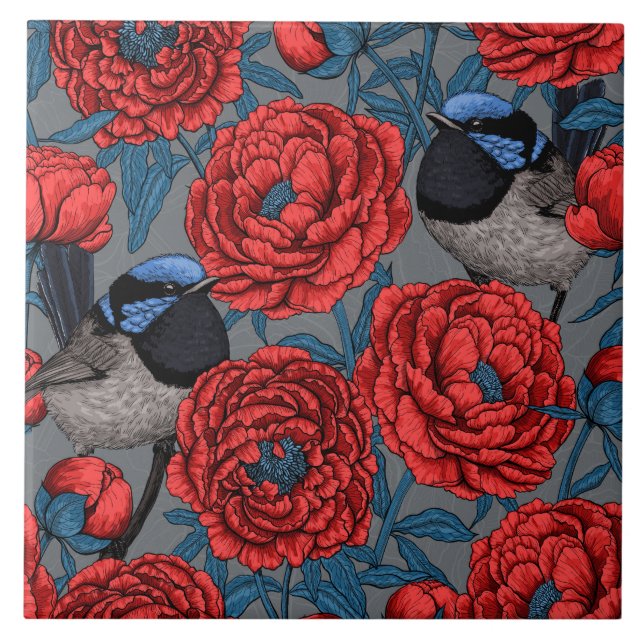 Peonies and wrens tile (Front)
