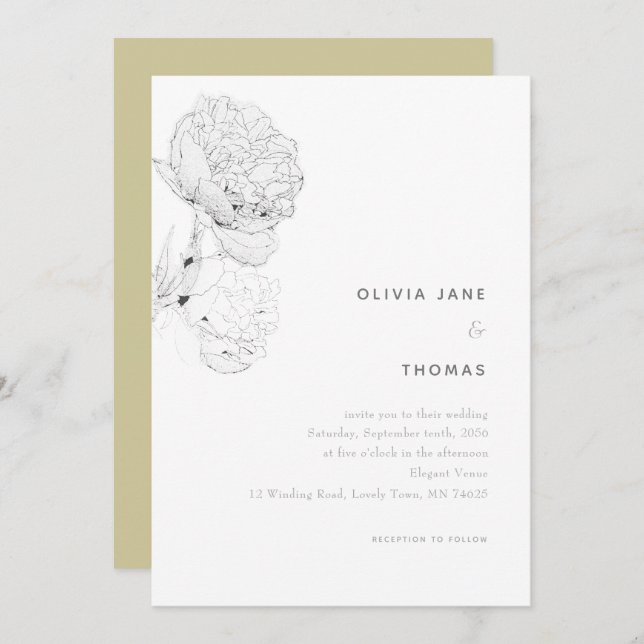Peonies Black White Elegant Floral Sketch Wedding Invitation (Front/Back)