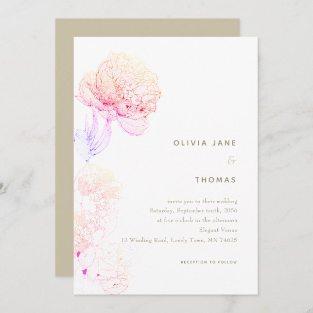 Peonies Blush Gold Elegant Floral Sketch Wedding Invitation (Front/Back)