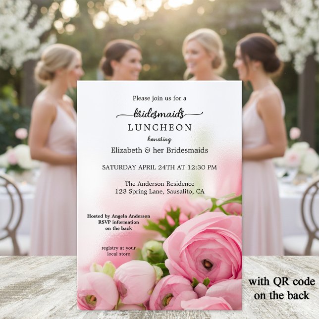 Peonies Bridesmaid Luncheon Invitation (Bridesmaid's luncheon invitation featuring elegant script on pink peonies - with QR code template)