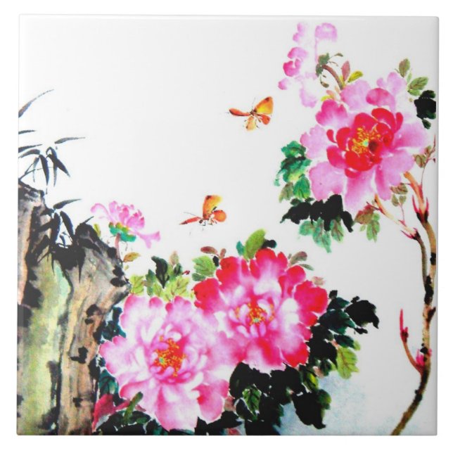 Peonies & Butterflies Chinese Watercolor Painting Tile (Front)