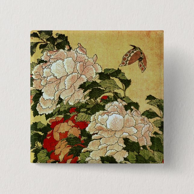 Peonies & Butterflies Hokusai Japanese Fine Art 15 Cm Square Badge (Front)