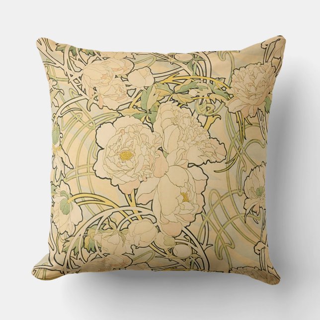 Peonies by Alphonse Mucha Cushion (Front)
