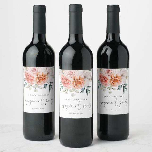 Peonies Coral Peach Florals Engagement Party Wine Label (Bottles)
