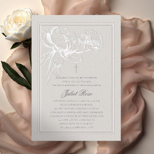 Peonies Elegant Frame Cross Modern Ecru Baptism Invitation