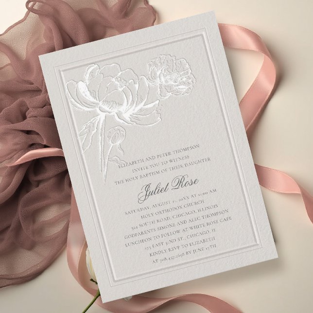 Peonies Elegant Frame Modern Ecru Floral Baptism Invitation (baptism invitation party card formal elegant double frame peony floral sketch ecru template)