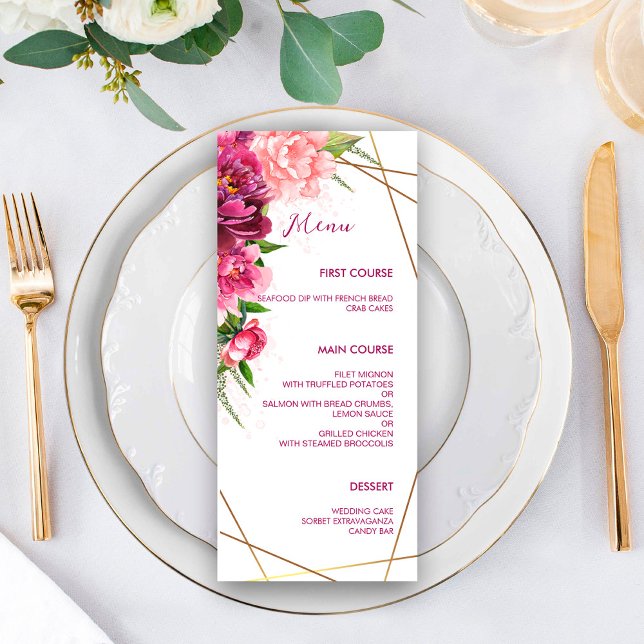 Peonies Faux Gold Foil Frame Rustic Wedding Menu (Creator Uploaded)