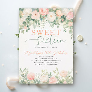 Peonies Floral Peach Pink Script Elegant Sweet 16 Invitation