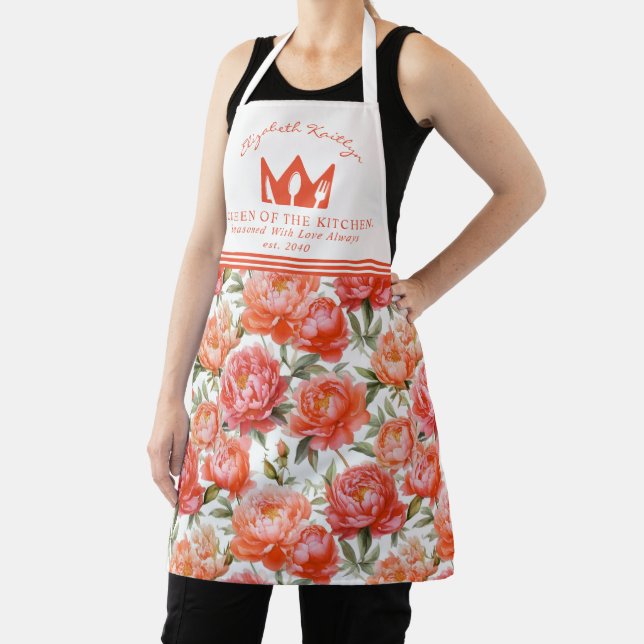 Peonies Floral Pink Orange | Queen of the kitchen Apron (Insitu)