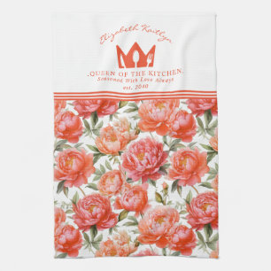 Peonies Floral Pink Orange Queen of the kitchen Tea Towel