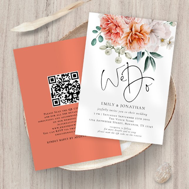 Peonies Florals Peach Coral We Do QR Code Wedding Invitation (Front and back view)
