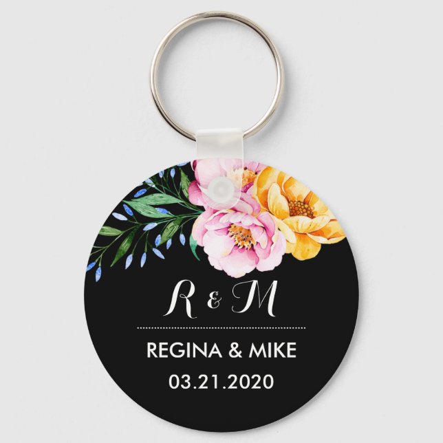 Peonies Flower Spring Wedding Monogram Key Ring (Front)