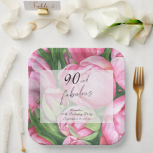 Peonies flowers 90th Birthday Party Paper Plate