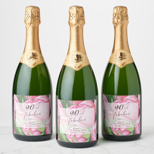 Peonies flowers 90th Birthday Party  Sparkling Wine Label (Bottles)
