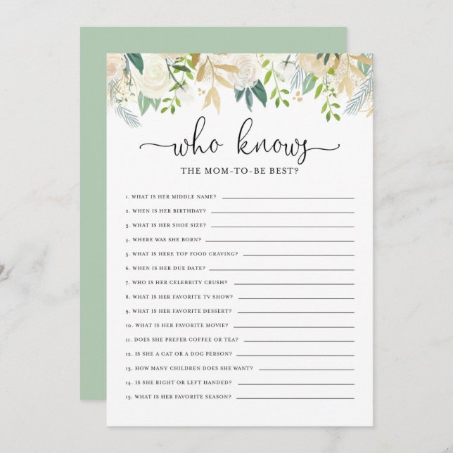 Peonies Gold Who Knows Mum the Best Shower Game Invitation (Front/Back)