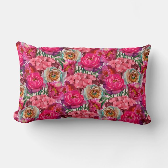 Peonies & Hydrangea Flowers Lumbar Cushion (Front)