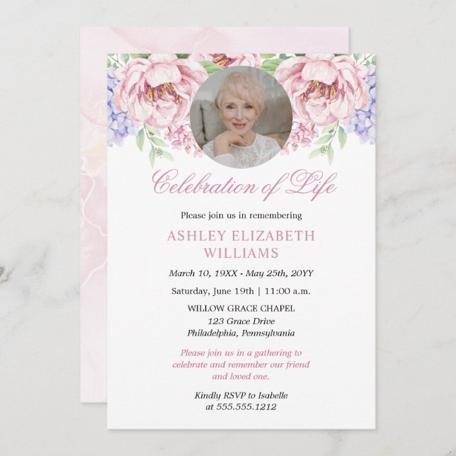Peonies |  Hydrangeas Floral Celebration of Life   Invitation (Front/Back)