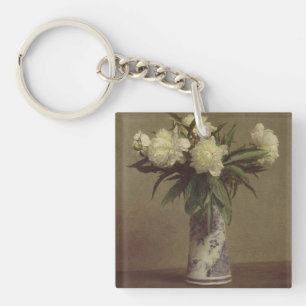Peonies in a Blue and White Vase Key Ring