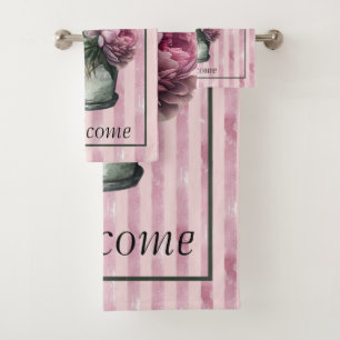 Peonies in a Pot w/ pink candy stripe background  Bath Towel Set